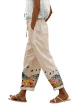 Calças de linho domirica com estampa de borboleta para mulheres plus size 2GG Calças de linho domirica com estampa de borboleta para mulheres plus size 2GG
