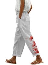 Calças de linho domirica com estampa de flores vermelhas para mulheres plus size Calças de linho domirica com estampa de flores vermelhas para mulheres plus size