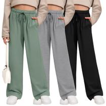 Calças de moletom LessonZoo Girls' Wide Leg, pacote com 3 unidades, verde azul-petróleo, cinza, preto Calças de moletom LessonZoo Girls' Wide Leg, pacote com 3 unidades, verde azul-petróleo, cinza, preto