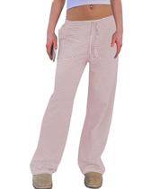 Calças de pijama codcm femininas listradas de cintura baixa com cordão rosa