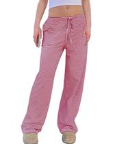 Calças de pijama codcm femininas listradas de cintura baixa vermelhas (M)