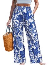Calças de praia CUPSHE Tropical Floral Wide Leg Blue Plus Size L Calças de praia CUPSHE Tropical Floral Wide Leg Blue Plus Size L