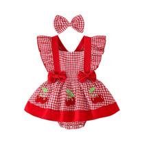 Calças De Vestido Xadrez Vermelho E Branco Para Meninas De 0 a 1 Ano, 2 Peças, Estilo Fofo E Doce De