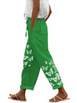 Calças domirica Linen Blend Butterfly Print Green para mulheres