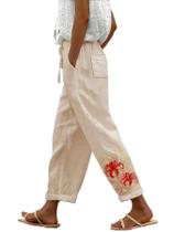 Calças domirica Linen Blend Lycoris Print para mulheres 3GG
