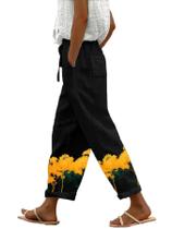 Calças domirica Linen Blend Yellow Flower Print para mulheres