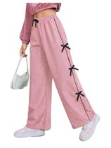 Calças esportivas WDIRARA, com laço, cintura larga, perna larga, rosa, 11Y Calças esportivas WDIRARA, com laço, cintura larga, perna larga, rosa, 11Y