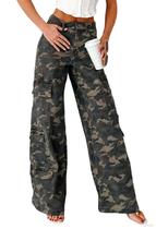 Calças femininas adoráveis com estampa de camuflagem jeans Y2k Wide Leg Cargo