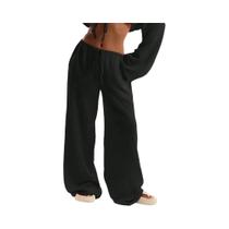 Calças Femininas Casuais Oversized De Perna Larga Com Cintura Alta, Elásticas, Com Bolsos, Estilo