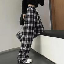 Calças Femininas Cintura Alta - Estilo Coreano Casual Xadrez com Pernas Largas Calças Femininas Cintura Alta - Estilo Coreano Casual Xadrez com Pernas Largas