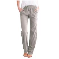 Calças femininas de algodão, linho, cintura alta, cordão, caimento solto Calças femininas de algodão, linho, cintura alta, cordão, caimento solto