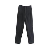 Calças Femininas De Cintura Alta, Ajuste Slim, Cor Sólida, Para Escritório, Com Zíper E Bolso