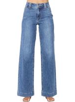 Calças femininas elegantes, jeans de perna larga, controle de barriga, azul celeste