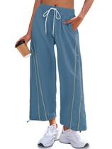 Calças femininas Fisoew, folgadas, pernas largas, elásticas, cintura, azul