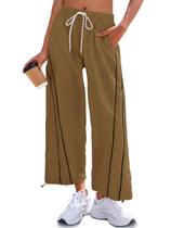 Calças femininas Fisoew, folgadas, pernas largas, elásticas, cintura marrom Calças femininas Fisoew, folgadas, pernas largas, elásticas, cintura marrom