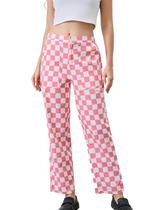 Calças femininas HOCANDY xadrez xadrez com zíper na cintura alta