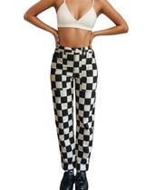 Calças femininas HOCANDY xadrez xadrez com zíper na cintura alta