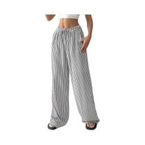 Calças Femininas Largas Com Listras E Cintura Elástica Com Cordão, Moda De Outono Da Europa E Calças Femininas Largas Com Listras E Cintura Elástica Com Cordão, Moda De Outono Da Europa E