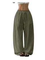Calças femininas RoseSeek, boho, pernas largas, linho, verde militar