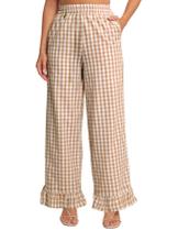 Calças Flygo Gingham Cotton Y2K, perna larga com babados, marrom