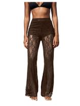 Calças GORGLITTER Lace Flare High Waisted Bell Bottom Coffee Calças GORGLITTER Lace Flare High Waisted Bell Bottom Coffee