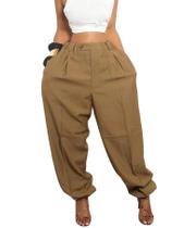 Calças Harem Voghtic para mulheres com cintura elástica marrom Calças Harem Voghtic para mulheres com cintura elástica marrom