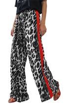 Calças HVEPUO com estampa de leopardo, cintura alta, pernas largas, chiffon, femininas