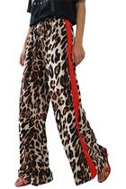 Calças HVEPUO com estampa de leopardo de cintura alta e perna larga para mulheres Calças HVEPUO com estampa de leopardo de cintura alta e perna larga para mulheres
