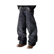 Calças Jeans Baggy Y2K Masculinas Com Bordado E Corte Cru, Cintura Alta, Perna Larga, Moda De Rua Calças Jeans Baggy Y2K Masculinas Com Bordado E Corte Cru, Cintura Alta, Perna Larga, Moda De Rua