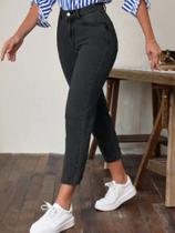 Calças Jeans Femininas De Cintura Alta Com Bolsos Micro Elásticas De Perna Reta Cor Sólida Versátil