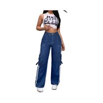 Calças Jeans Femininas De Cintura Alta Com Listras E Costura Em Cores Contrastantes, Bolsos Com Aba Calças Jeans Femininas De Cintura Alta Com Listras E Costura Em Cores Contrastantes, Bolsos Com Aba