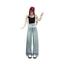 Calças Jeans Femininas De Perna Larga Com Renda Floral, Soltas E Retas, Denim Casual, Tendência De