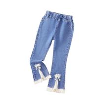 Calças Jeans Flare Soltas Para Meninas Com Detalhes Em Renda E Pérolas, Calças Casuais De Denim Para