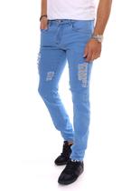 Calças Jeans Masculina Skinny Destroyed Rasgado no Joelho Premium Azul Claro