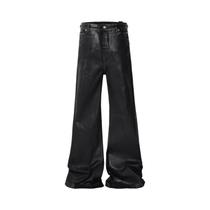 Calças Jeans Masculinas Pretas De Couro Encerado Com Stretch, Estilo Baggy Y2K, Calças Flare Calças Jeans Masculinas Pretas De Couro Encerado Com Stretch, Estilo Baggy Y2K, Calças Flare