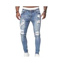 Calças Jeans Masculinas Retro Rasgadas Skinny Stretch Casuais Slim 2024 Moda Motociclista Estilo
