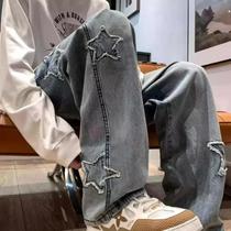 Calças Jeans Masculinas Y2K Com Franjas E Patches Em Estilo Hip Hop