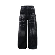 Calças Jeans Pretas Masculinas De Corte Solto E Reto, Estilo Vintage Coreano Com Padrão De Raios, Calças Jeans Pretas Masculinas De Corte Solto E Reto, Estilo Vintage Coreano Com Padrão De Raios,