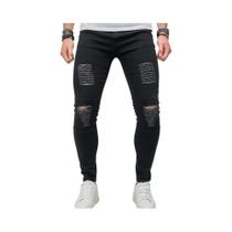 Calças Jeans Skinny Rasgadas Para Homens, Estilo Biker, Denim Slim Com Efeito Desgastado