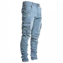 Calças Jeans Slim Fit Masculinas Com Múltiplos Bolsos, Casual, Lavadas, Em Cor Sólida, Calças Cargo Calças Jeans Slim Fit Masculinas Com Múltiplos Bolsos, Casual, Lavadas, Em Cor Sólida, Calças Cargo