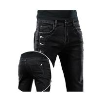 Calças Jeans Slim Fit Masculinas Com Stretch, Estilo Casual, Cinza E Preto, Com Vários Botões
