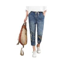 Calças Jeans Vintage Com Bordado Floral Para Mulheres Moda Casual De Verão Calças Harem Rasgadas