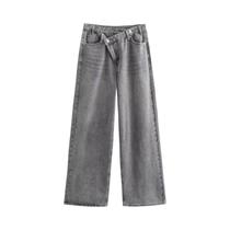 Calças Jeans Vintage De Cintura Alta Assimétricas Para Mulheres Com Bolsos, Moda De Rua Chic, Calças