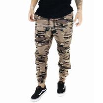 Calças Jogger Jeans Camuflada Masculina Com Punho Elástico