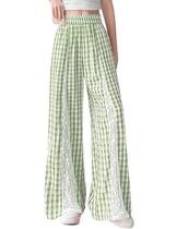 Calças largas Agoeast xadrez Gingham com patchwork de renda