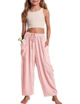 Calças largas COZYPOIN, cintura elástica feminina, 5-14 Y (rosa-S) Calças largas COZYPOIN, cintura elástica feminina, 5-14 Y (rosa-S)