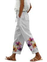 Calças largas de linho domirica Flower Print para mulheres 3GG Calças largas de linho domirica Flower Print para mulheres 3GG