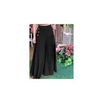 Calças largas femininas com botão, elástico, cintura alta - preta