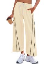 Calças largas Fisoew, femininas, casuais, elásticas, com cintura elástica, damasco