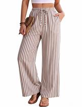 Calças listradas casuais Shesy Summer Beach para mulheres marrons